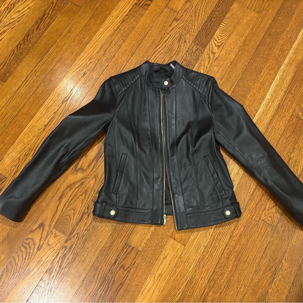 Black Leather Jacket with Gold Accents